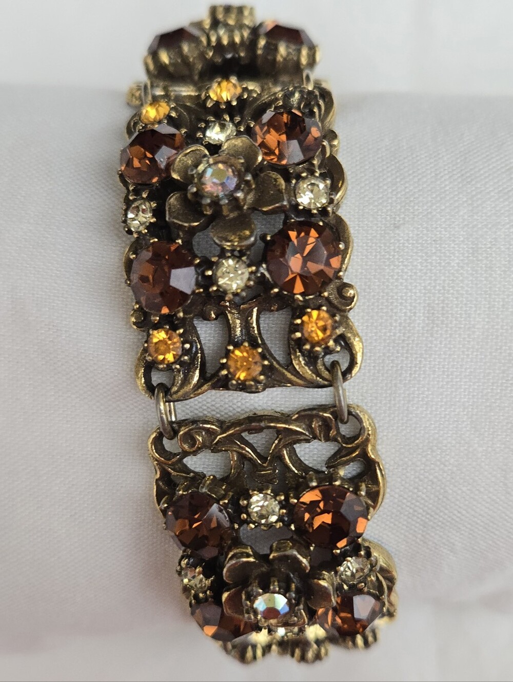 Vtg. Florwnza Link Bracelet W/Amber& Topaz Colored Rhinestone Crystals 7"